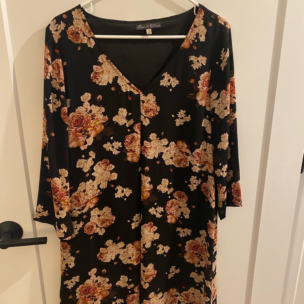 Rose & Olive Black and Floral V-Neck Dress
